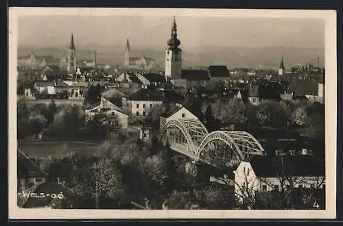 AK Wels, Teilansicht mit Kirchen und Brücke