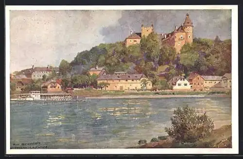 Künstler-AK Rudolf Schmidt: Ottensheim, Fluss mit Schiff der Donau-Dampfschifffahrts-Gesellschaft