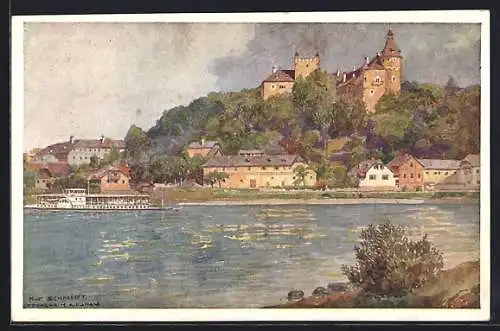 Künstler-AK Rudolf Schmidt: Ottensheim, Fluss mit Schiff der Donau-Dampfschifffahrts-Gesellschaft