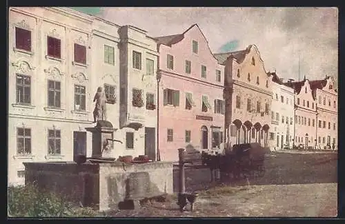 AK Neufelden an der Mühl, Strassenpartie mit Brunnen