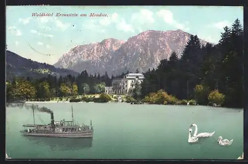 AK Mondsee, Kreuzstein, Waldhotel mit Dampfer & Schwänen