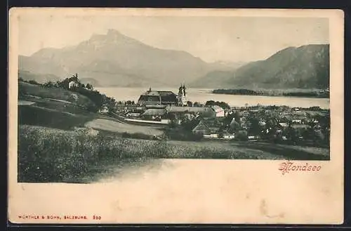 AK Mondsee, Ortsansicht mit Seeufer und Bergpanorama