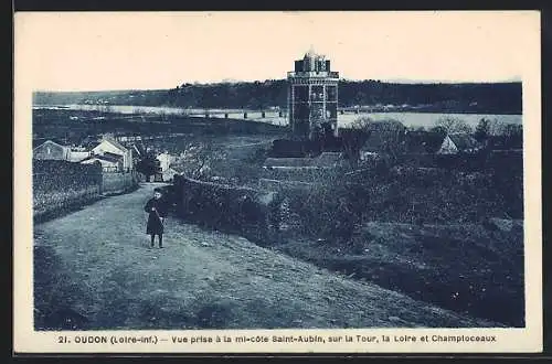 AK Oudon, Vue prise a la mi-cote Saint-Aubin, sur la Tour, la Loire et Champtoceaux