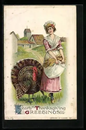 AK Thanksgiving, Bäuerin und Truthahn auf einem Feld