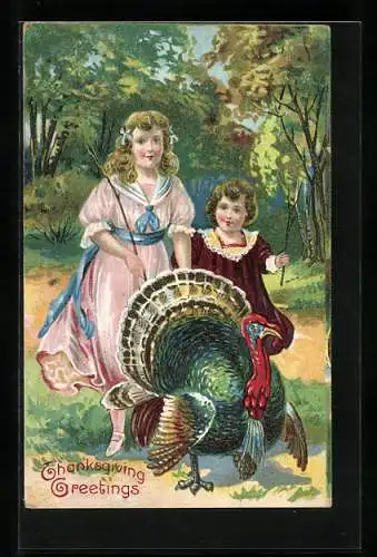 AK Thanksgiving Greetings, Zwei Mädchen mit einem Truthahn im Wald