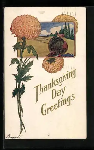 AK Thanksgiving Greetings, Truthahn auf einem Herbstfeld, Blumen-Passepartout