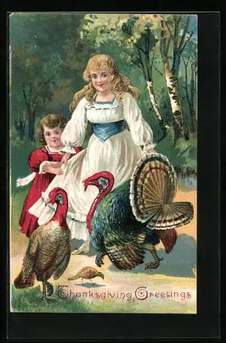 AK Thanksgiving Greetings, Zwei Kinder mit Truthahn im Wald
