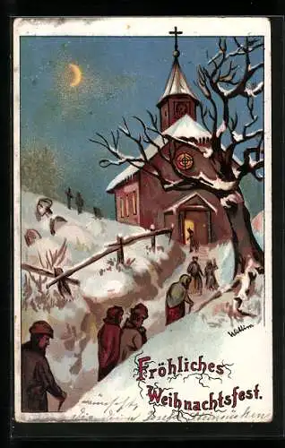 AK Fröhliches Weihnachtsfest, Nächtliche Kirche im Schnee