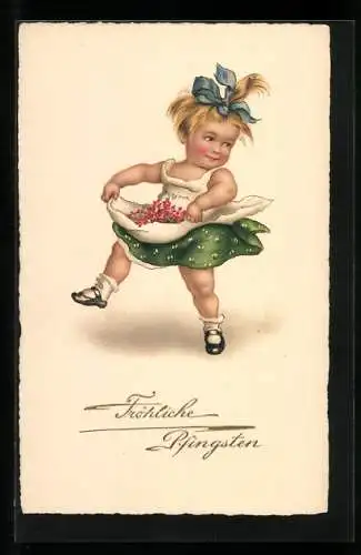AK Fröhliche Pfingsten, Mädchen trägt Blüten in der Schürze