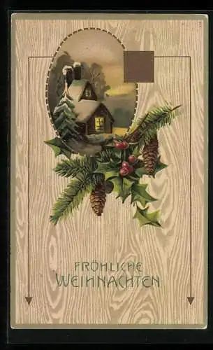 AK Fröhliche Weihnachten, Verschneites Haus im Stechpalmenzweig-Passepartout