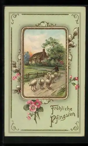 AK Fröhliche Pfingsten, Schäfer mit seiner Herde im Blumen-Passepartout