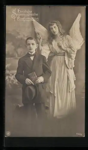AK Segenswünsche zur Konfirmation, Engel wacht über einen Jungen