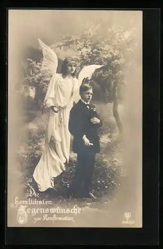 AK Segenswunsch zur Konfirmation, Junge und Engel unter blühendem Baum