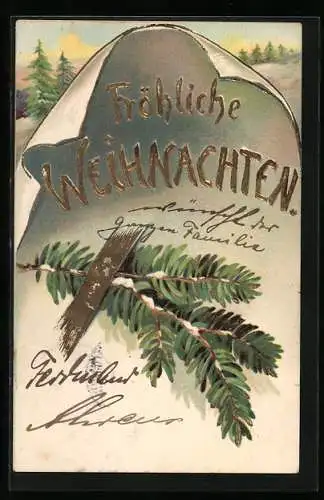 AK Fröhliche Weihnachten, Winterlandschaft und Tannenzweig