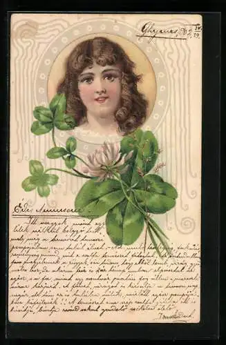 AK Kleeblätter mit Portrait einer jungen Frau