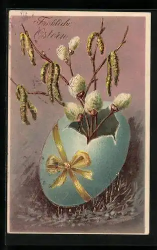 AK Fröhliche Ostern, Weidenkätzchen in einem blauen Osterei