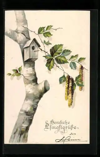 AK Pfingstgrüsse, Vogelhaus an einer Birke