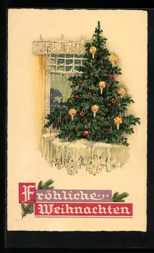 AK Fröhliche Weihnachten, Geschmückter Christbaum am Fenster