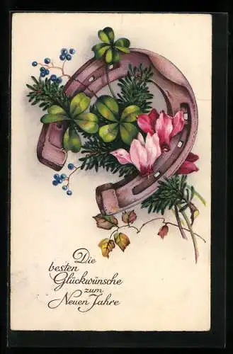 AK Hufeisen mit Kleeblättern und Alpenveilchen, Neujahrsgruss