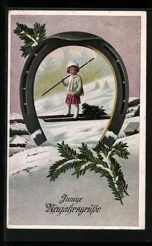 AK Mädchen auf Skiern gerahmt von Hufeisen, Neujahrsgruss
