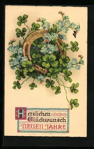 AK Hufeisen mit Kleeblättern und Vergissmeinnicht, Neujahrsgruss