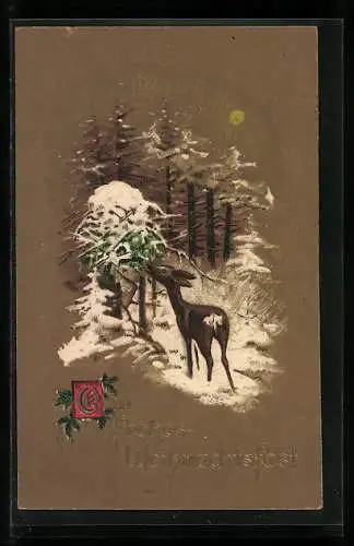 AK Weihnachtsgruss, Reh im verschneiten Wald