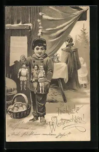 AK Fröhliche Weihnachten, Junge mit Puppen und Obstkorb