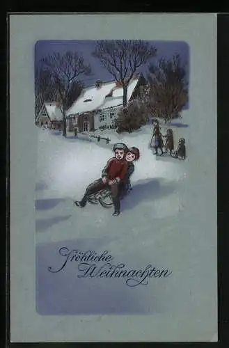 AK Fröhliche Weihnachten, Kinder rodeln auf einem Schlitten