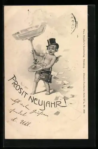 AK Kleiner Neujahrsengel mit riesigem Sektglas