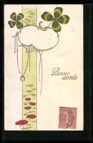 AK Neujahrsgruss mit Kleeblättern, Glückspilzen und Hufeisen