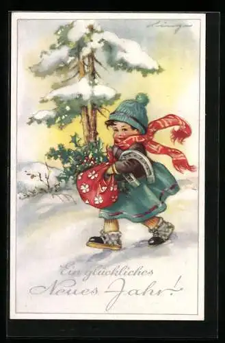 AK Neujahrsgruss, Kleiner Junge zieht mit Stechpalmenzweigen durch den Schnee