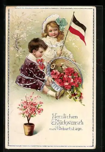 AK Glückwunsch zum Geburtstag, Kinder mit Blumenkorb und Reichsfahne