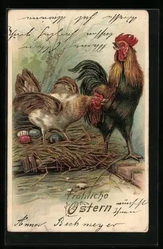 AK Fröhliche Ostern, Hahn und Henne mit bunten Ostereiern