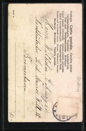 AK Fröhliche Ostern, Hahn und Henne mit bunten Ostereiern