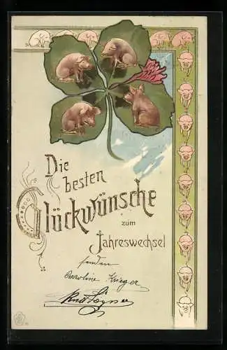 AK Neujahrsgruss, Glücksschweine auf einem Kleeblatt