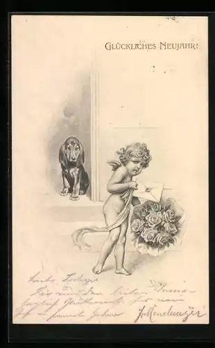 Künstler-AK Wichera: Amor mit Liebesbrief fürchtet sich vor einem Hund