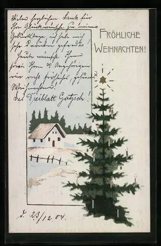 AK Fröhliche Weihnachten, Winterlandschaft und geschmückter Weihnachtsbaum