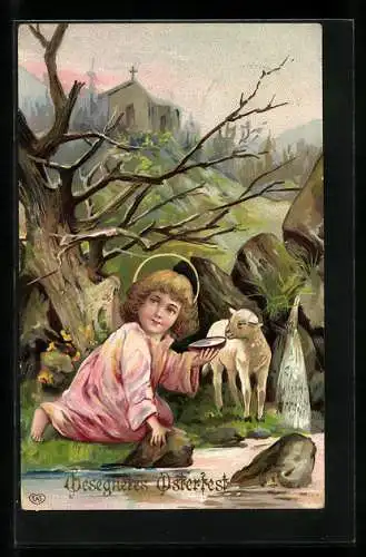 AK Jesuskind gibt einem Lamm Wasser, Gesegnete Ostern