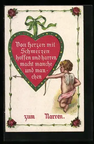 AK Amor schiesst einen Bogen durch ein rotes Herz