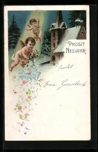 AK Neujahrsengel streut Blumen an einer verschneiten Kirche aus