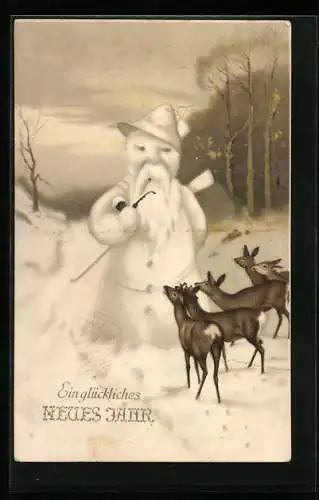 AK Rehe betrachten einen Schneemann, Neujahrsgruss