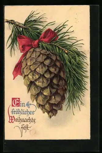 AK Weihnachtsgruss, Tannenzweig mit Zapfen und roter Schleife