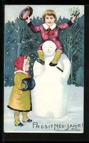 AK Kleiner Junge sitzt auf den Schultern eines Schneemanns, Prosit Neujahr