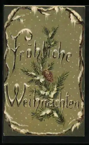 AK Fröhliche Weihnachten, Verschneiter Schriftzug und Tannenzweig