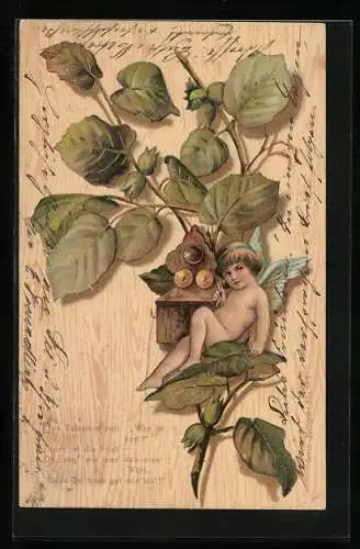 AK Kleiner Engel sitzt mit Telefon auf einem Zweig