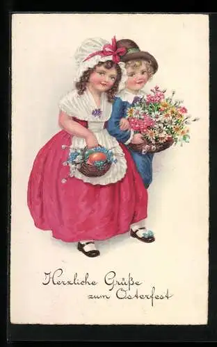 AK Ostergruss, Mädchen und Junge mit Blumenkörben und Ostereiern