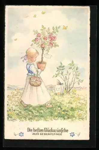 Künstler-AK Geburtstagsgruss, Mädchen trägt einen Rosenstrauch über eine Wiese