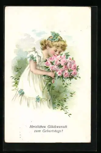 AK Glückwunsch zum Geburtstag, Mädchen riecht an einem Rosenstrauss