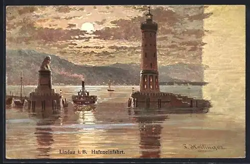 Künstler-AK Lindau / Bodensee, Hafeneinfahrt mit Leuchtturm