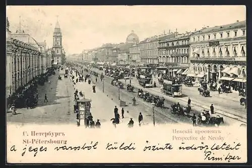 AK St. Petersbourg, Perspective de Nevsky, Pferdebahnen und Fuhrwerke, Leute um 1900
